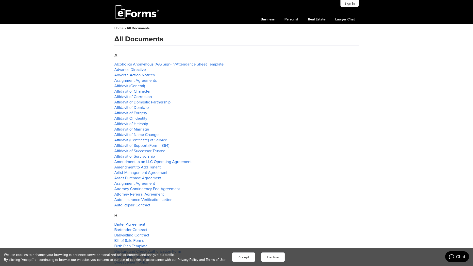 eForms All Documents page showing its large general legal-form catalog