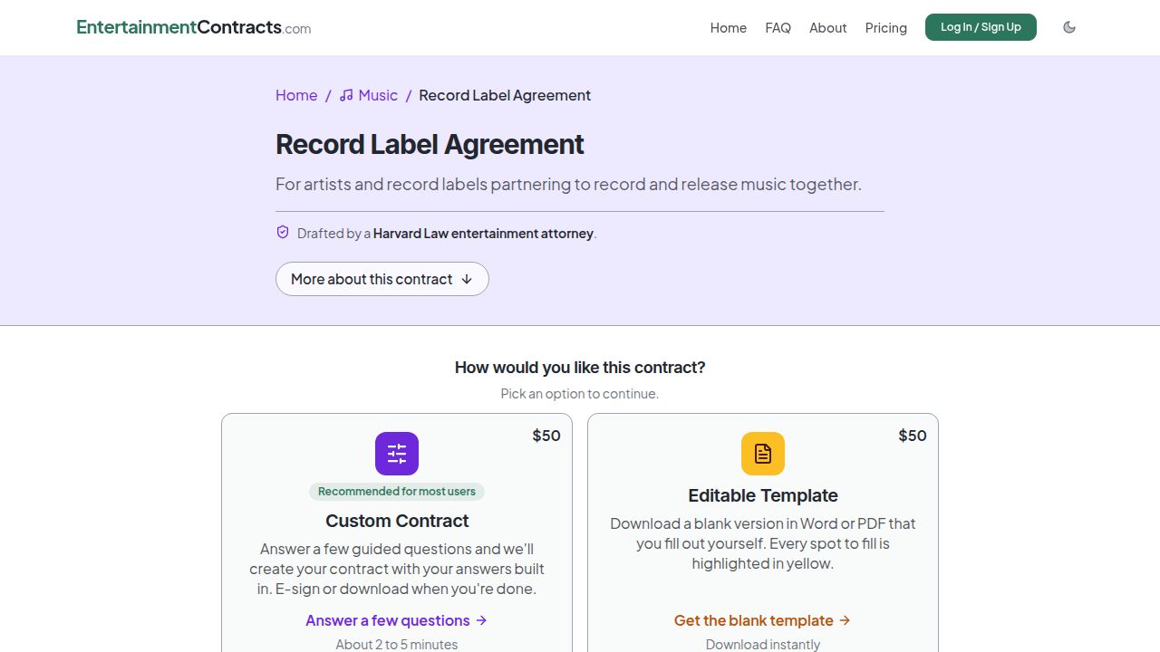 Entertainment Contracts Record Label Agreement page showing the attorney credential and contract options