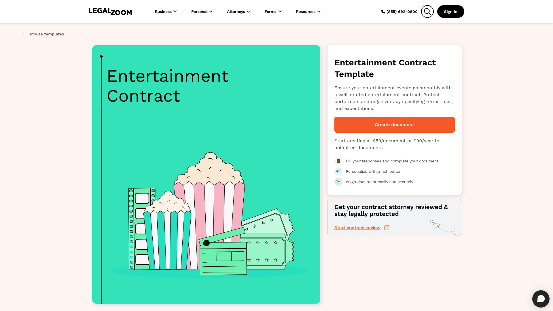 LegalZoom page showing its entertainer-promoter template and editing workflow