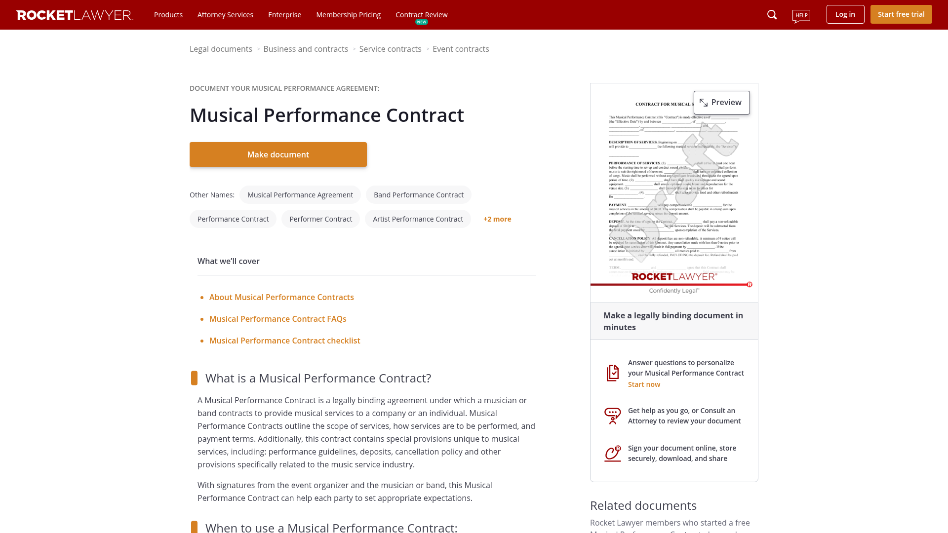 Rocket Lawyer Musical Performance Contract page with a document preview and guidance