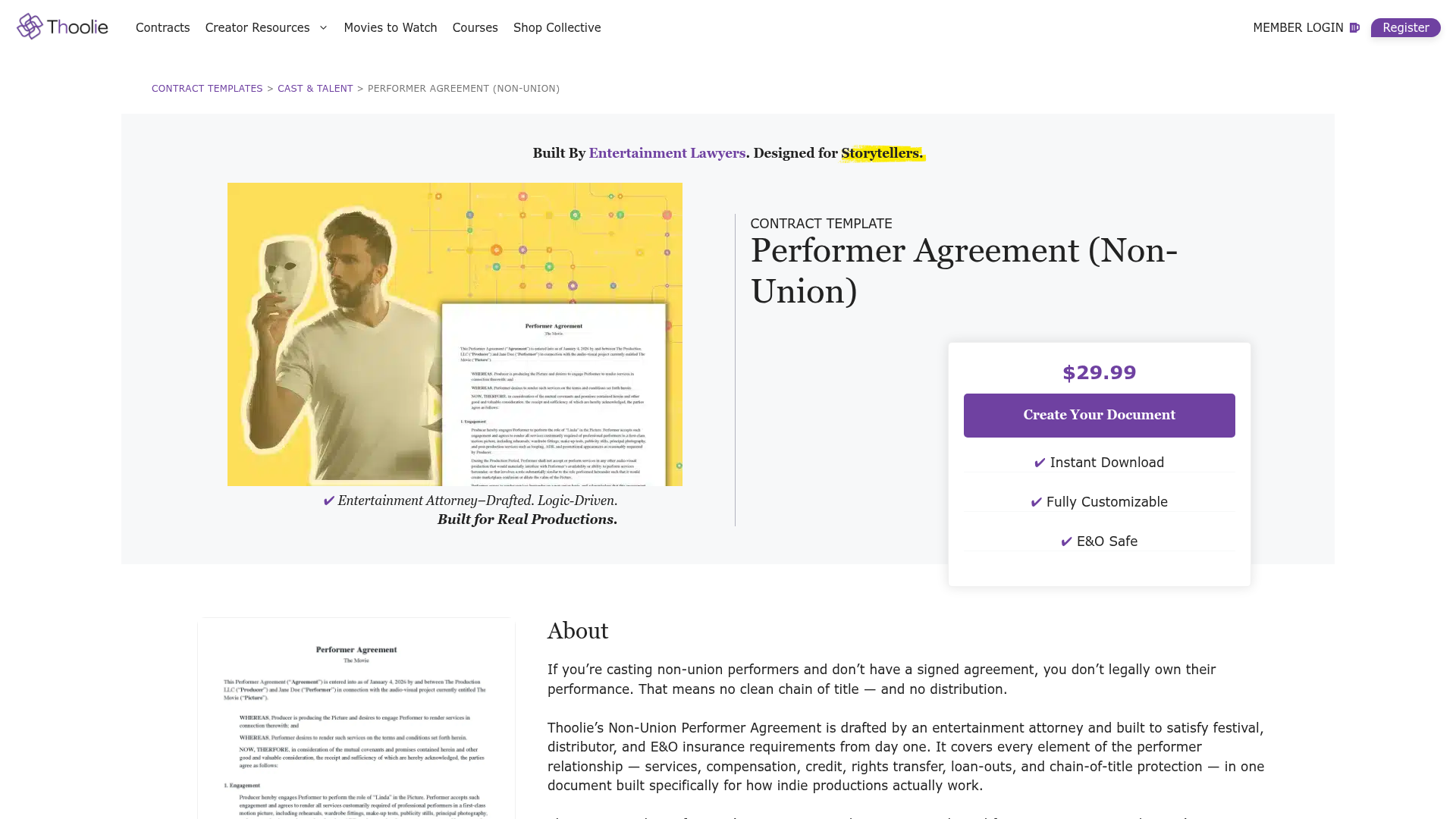 Thoolie Performer Agreement page for independent film productions